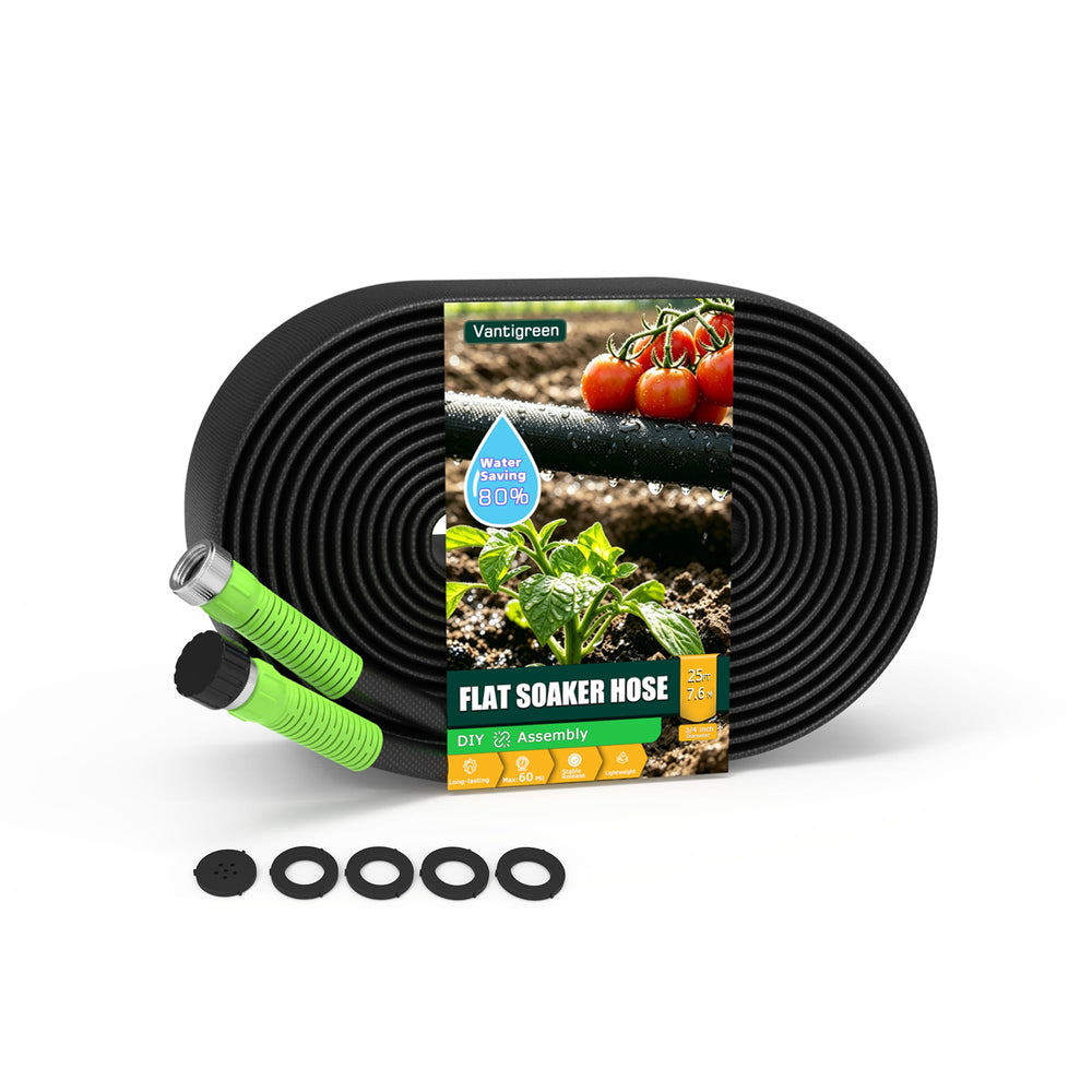 Vantigreen Flat Soaker Hose 25FT front view with connectors