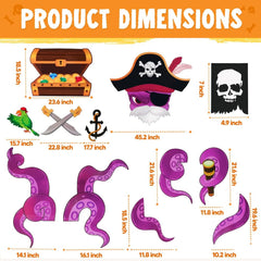 Various pirate-themed decorations from JOYIN including treasure and knife