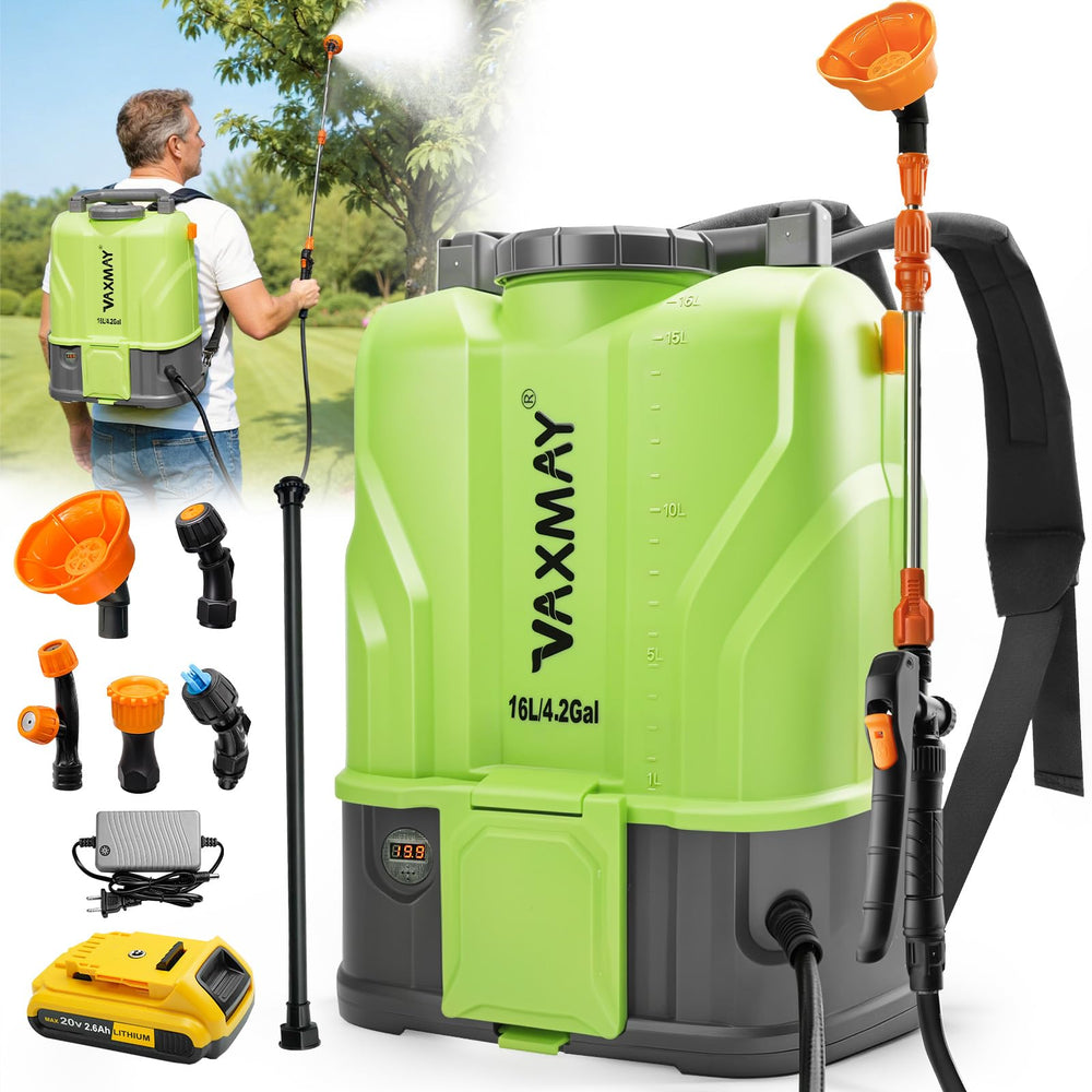 VAXMAY Battery Powered Backpack Sprayer front view with green design