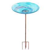 VCUTEKA Blue Glass Bird Bath front view with stainless steel stand