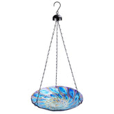 VCUTEKA Hanging Birdbath with peacock pattern, blue glass front view