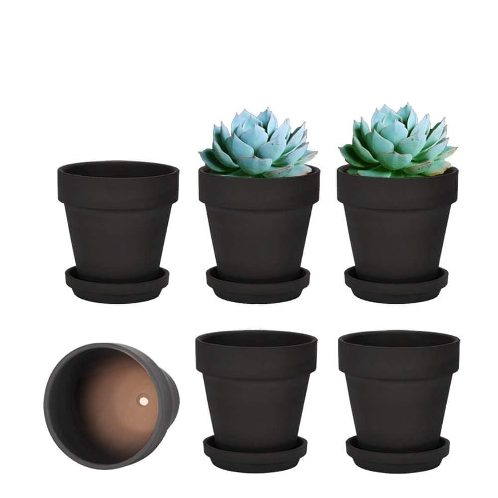 vensovo 4 inch black terracotta pot with saucer front view