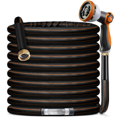 VERDOW 100ft Garden Hose with 10-function spray nozzle, black and orange