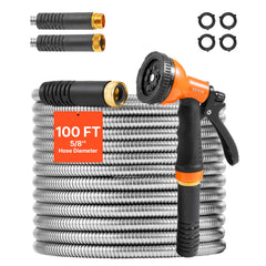 VEVOR 100FT garden hose front view with stainless steel finish