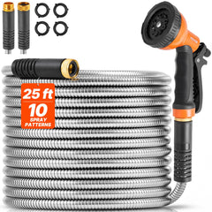 VEVOR Metal Garden Hose 25ft silver model with stainless steel finish