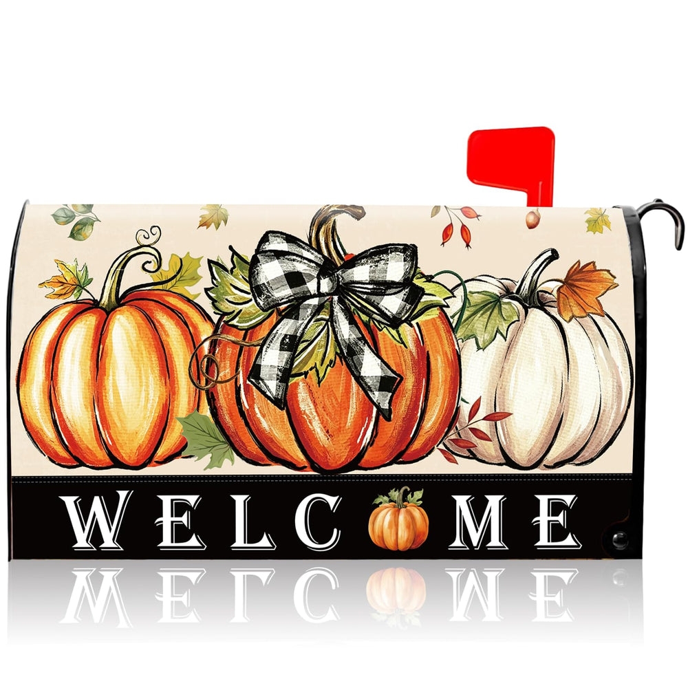 VISSTREE Fall Mailbox Cover with three pumpkins on a metal mailbox