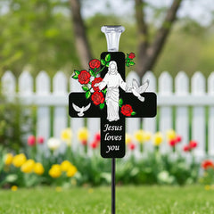 VKEVOC Solar Jesus Cross Memorial Stake with LED light at night