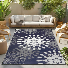 Wallona Outdoor Rug 6x9 ft Flower Blue and White back view
