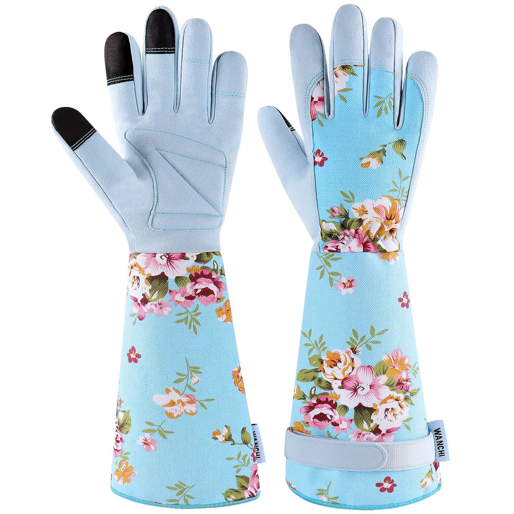 WANCHI Women's elbow length gardening gloves in blue, floral design front view