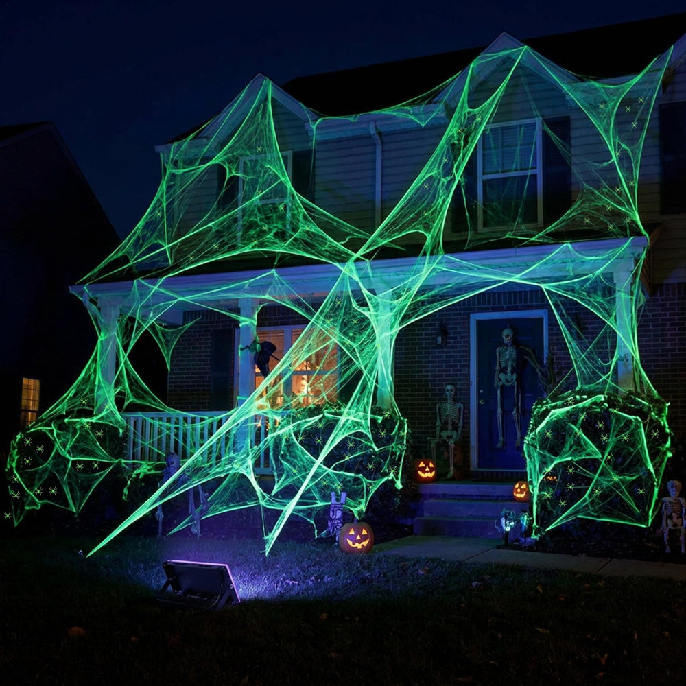 Watayo Halloween Glow Green Stretch Cobwebs front view with spiders