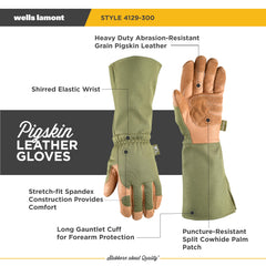 Wells Lamont Women's Leather Pruning Gauntlet Gloves with extended gauntlet cuff