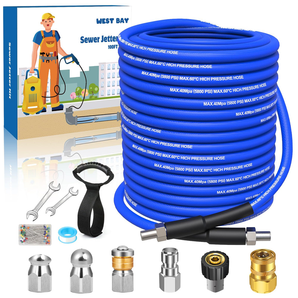 West Bay Sewer Jetter Kit 100 FT with nozzles and accessories