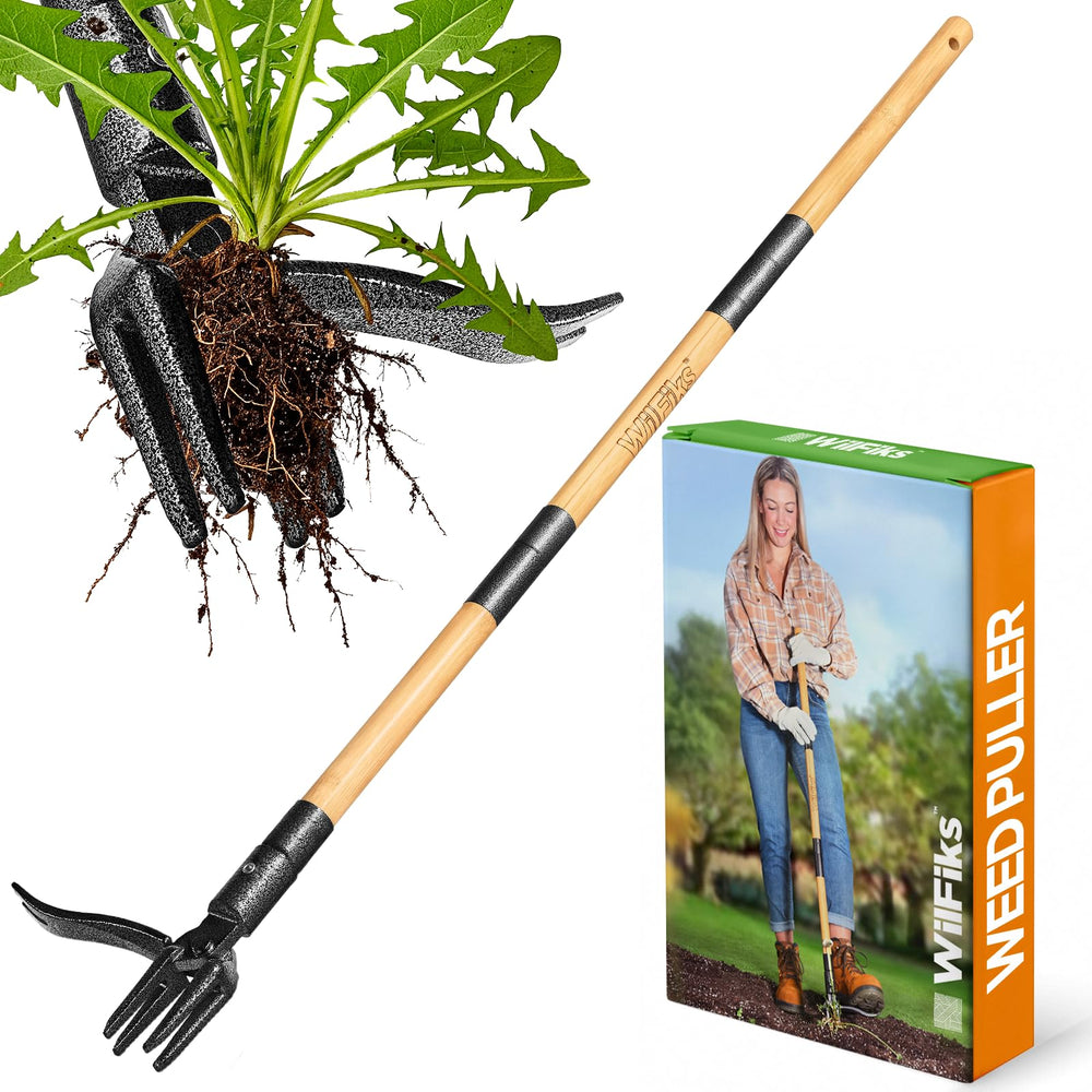 WilFiks Weed Puller Tool front view showing 44-inch bamboo handle