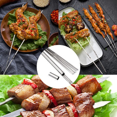 WILLBBQ stainless steel skewers shown with meat and vegetables