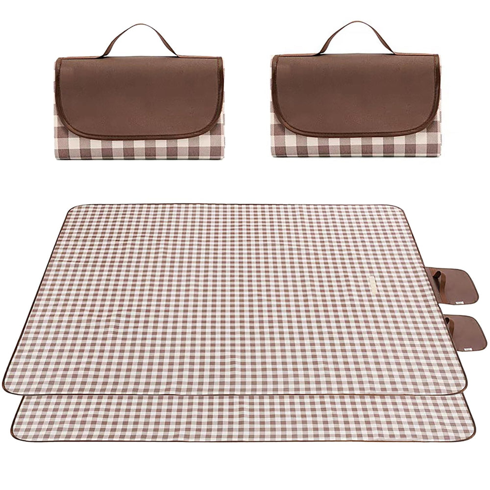 Wind Tour Waterproof Picnic Blanket Set in coffee grid pattern
