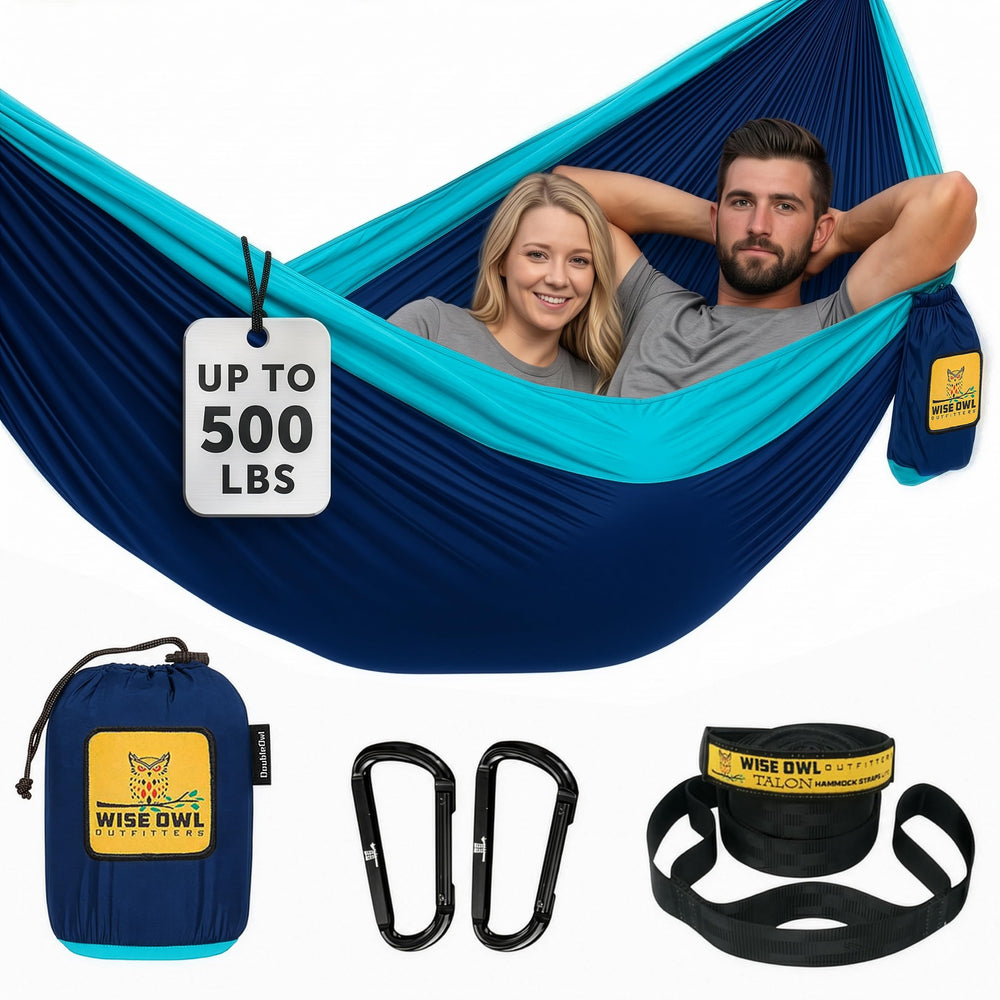 Wise Owl Outfitters double hammock navy and light blue front view