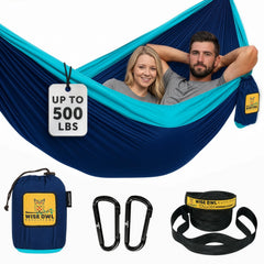 Wise Owl Outfitters double hammock navy and light blue front view