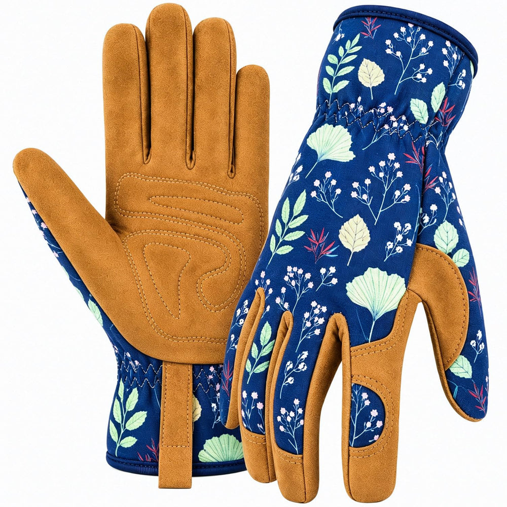 WOHEER Leather Gardening Gloves for Women in blue, front view