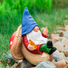 WONDHOME Middle Finger Gnome Statue on mushroom, front view