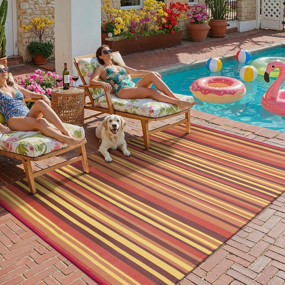 WondRg Outdoor Plastic Straw Rug 5' x 8' Red/Orange Stripe front view