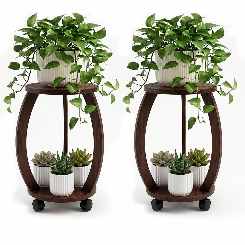 WooOrganix 2 Tier Wooden Plant Stand front view with plants