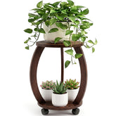 WooOrganix 2 Tier Wooden Plant Stand with wheels, dark brown finish