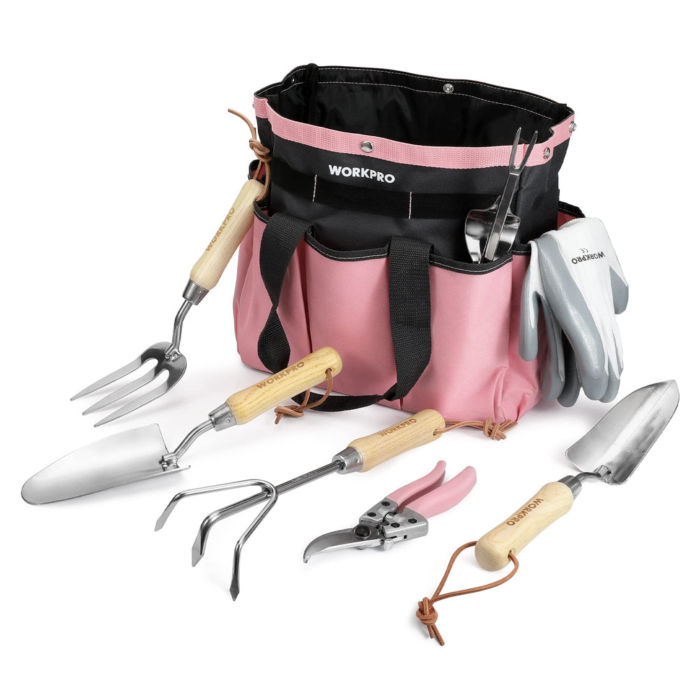 WORKPRO 8-Piece Pink Garden Tool Set with storage bag and gloves