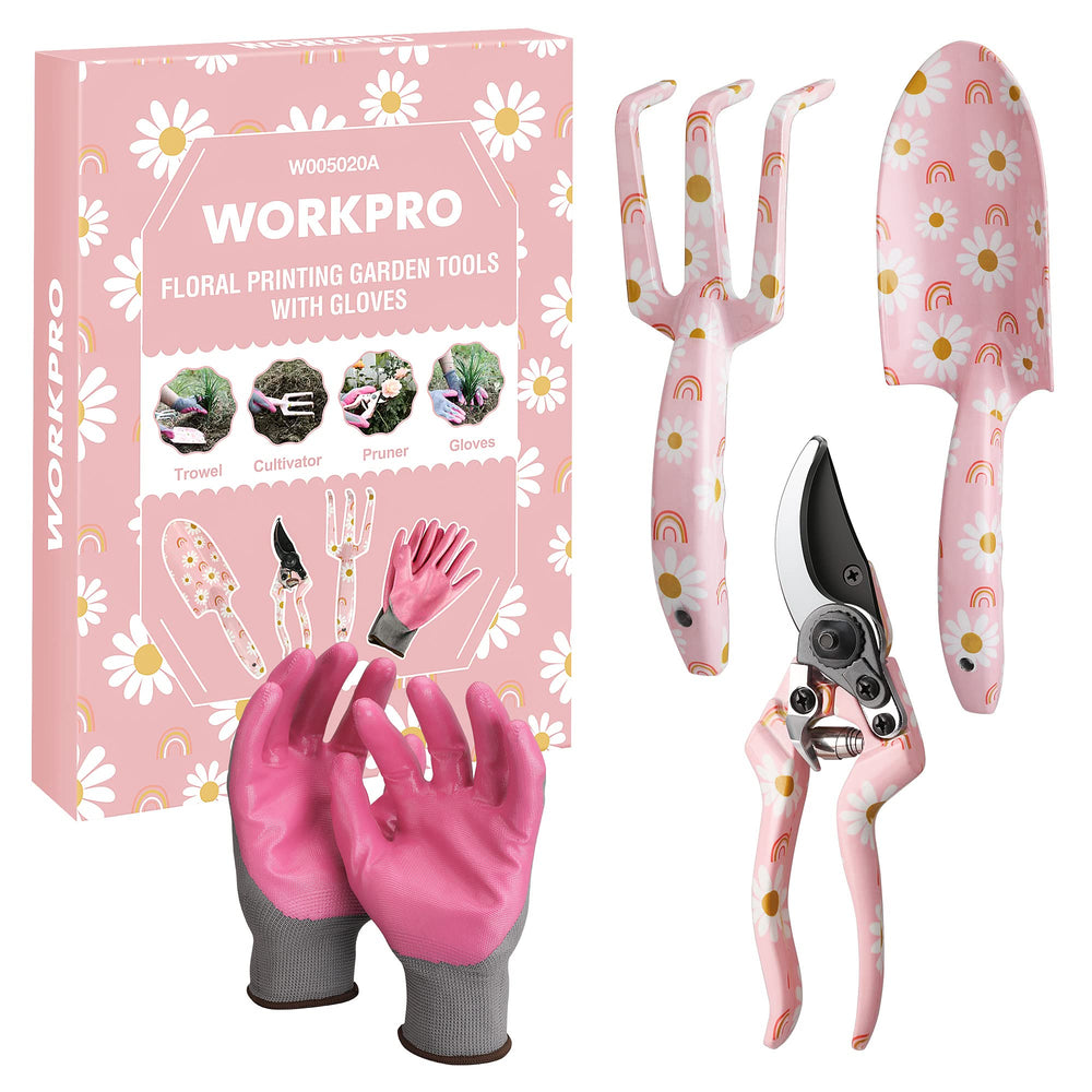 WORKPRO Aluminum Garden Tool Set with flower patterns and gloves