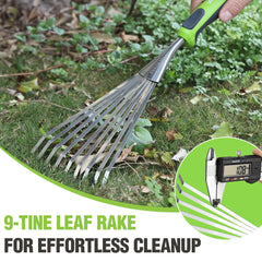 WORKPRO hand rake in garden setting with mulch
