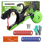 WORKPRO Plant Tying Machine front view with gloves and tape rolls