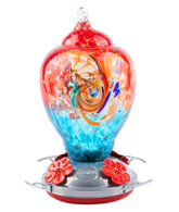 WOSIBO Hummingbird Feeder front view with red-blue hand blown glass