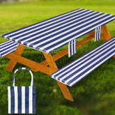 Wrakus Fitted Picnic Table Cover Set blue white stripes front view