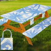Wrakus Fitted Picnic Table Cover Set front view with Blue Coconut Tree design