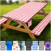 Wrakus Fitted Picnic Table Cover Set including 1 table cover and 2 bench covers in red grid