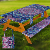 Wrakus Fitted Picnic Table Cover Set, Violet Blue Mandala, front view