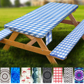 Wrakus Fitted Picnic Table Cover Set with blue grid design