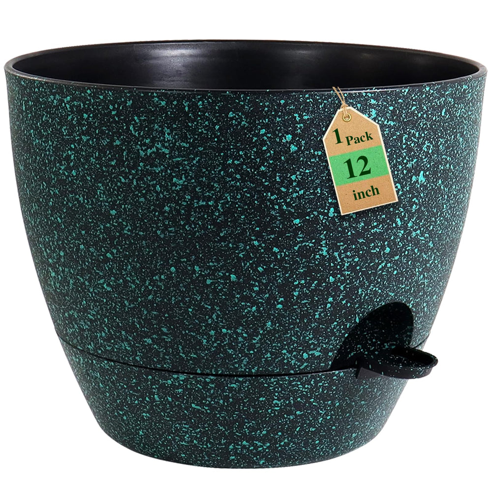 WSMKSZ 12 inch self watering pot in black with green speckles front view