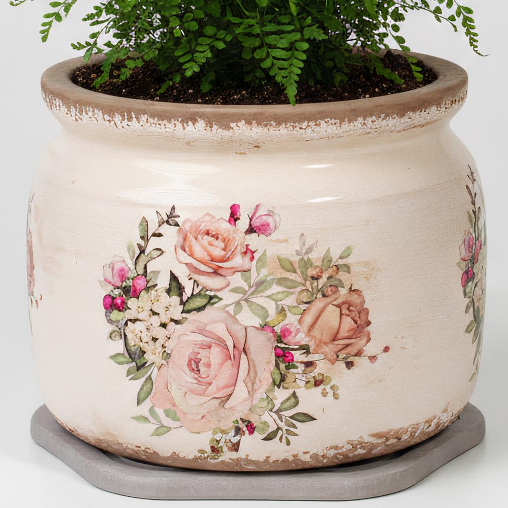 Xiaan Jiaju pink ceramic plant pot front view with decorative saucer