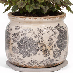 Xiaan Jiaju Rustic Ceramic Plant Pot with Saucer, gray color, front view