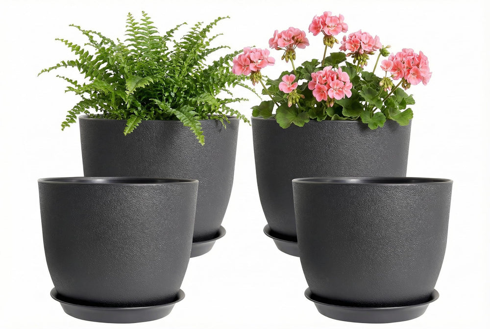 XQSHPDM 8 Inch Plant Pots Set of 4 in Black with drainage tray
