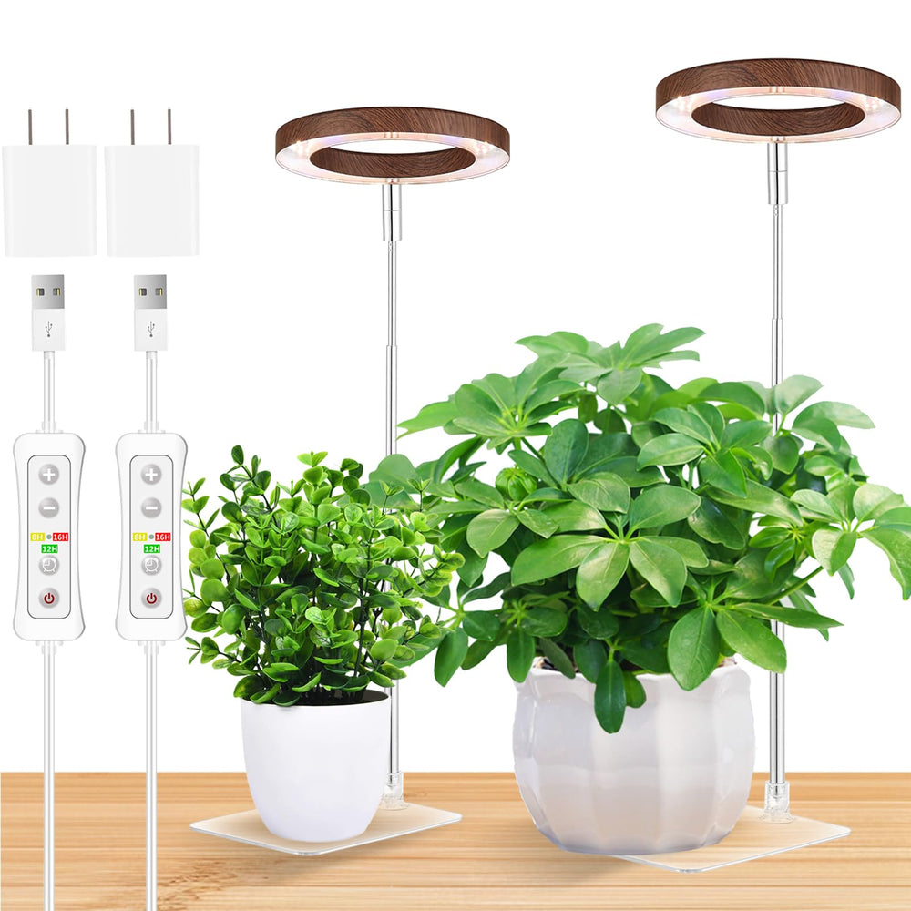 yadoker Plant Grow Light front view with walnut grain base