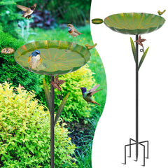 YALINKA Metal Bird Bath 41.5-inch front view with decorative bird statue