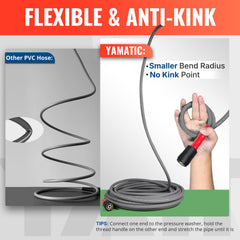 YAMATIC 100FT Flexible Pressure Washer Hose coiled for storage