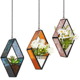Yaomiao stained glass hanging planter set in light pink, blue, and brown
