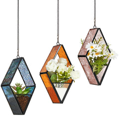 Yaomiao stained glass hanging planter set in light pink, blue, and brown