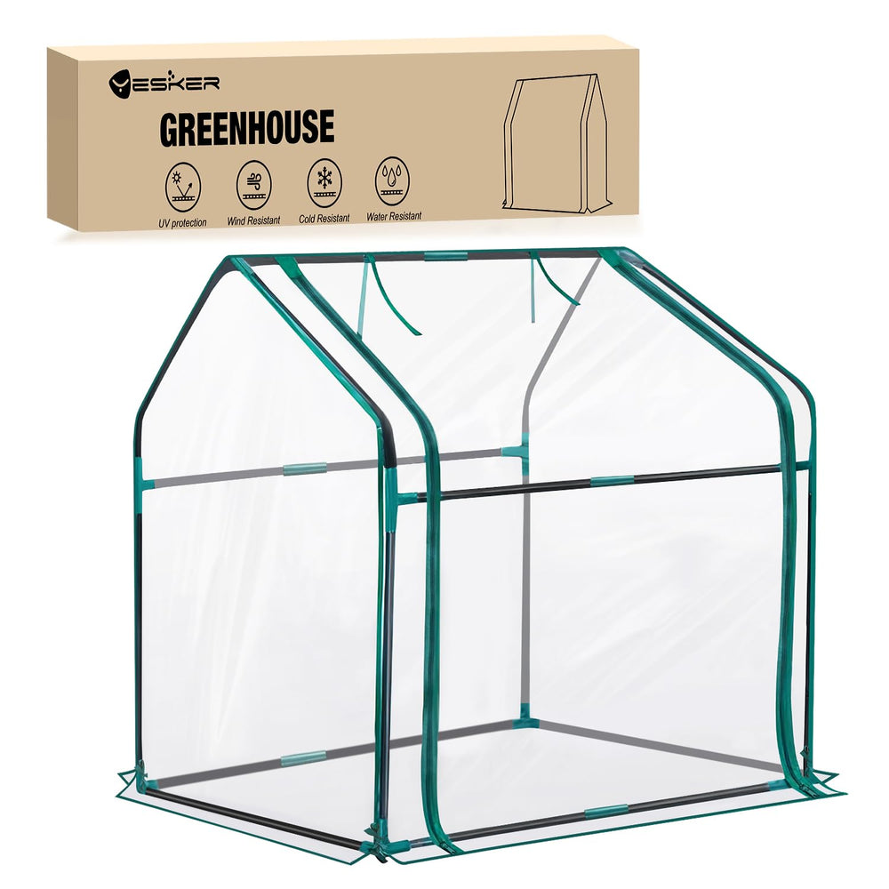 Yesker Mini Greenhouse front view with transparent PVC cover