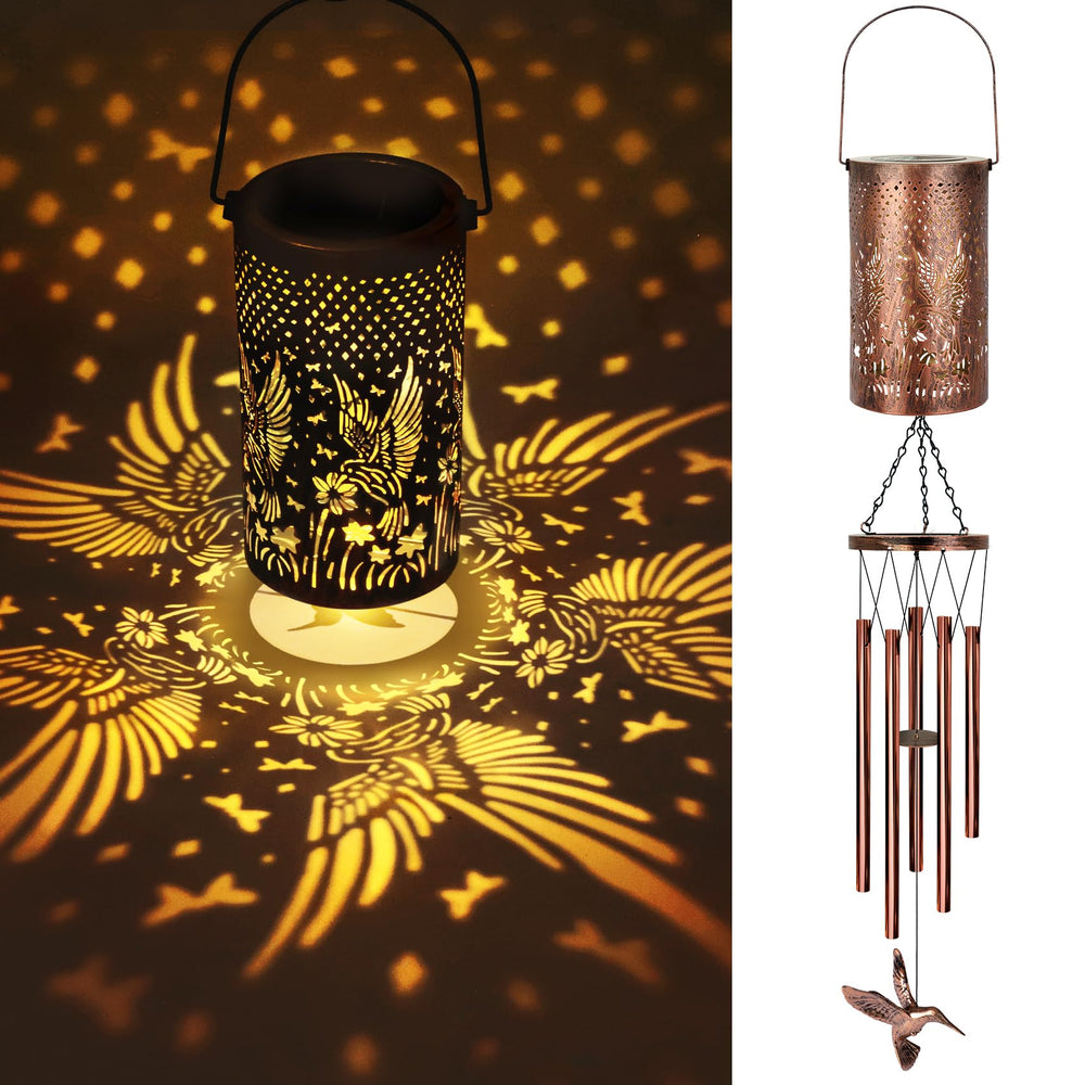YHmall Solar Wind Chimes coppery hummingbird lantern front view