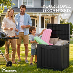 YITAHOME 31 Gallon Black Deck Box showing interior storage