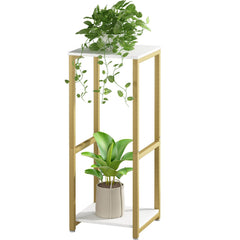 YIZAIJIA 2 Tier Plant Stand gold model front view with potted plants