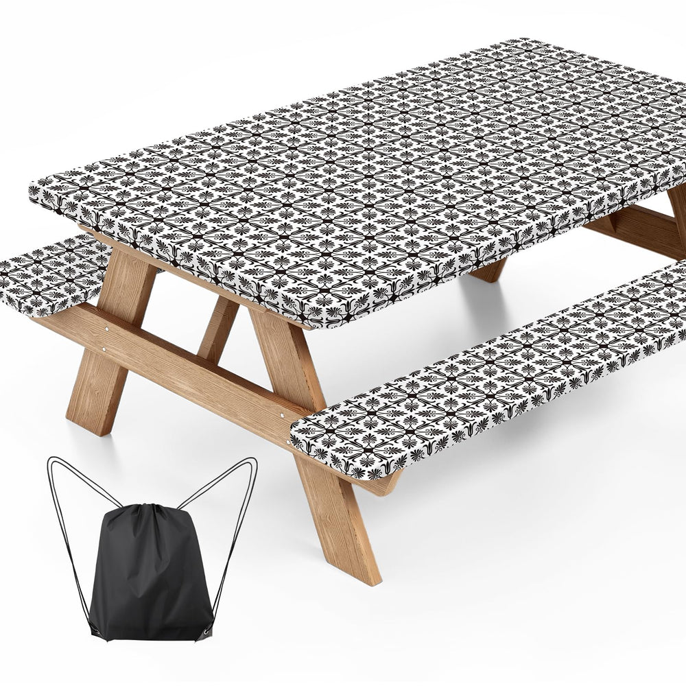 Ymomode picnic table cover set including table cover and bench covers in black and white Greek key pattern